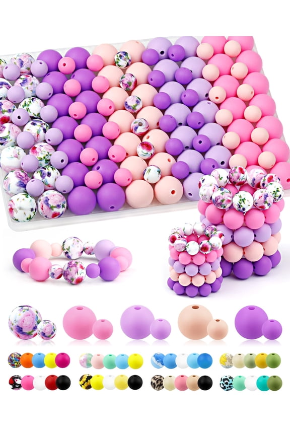 Silicone Beads 100PCS, 9mm & 15mm Pink Purple Mixed 5 Colors Focal Beads, for Keychain Making, Bracelets, Beadable Pens, DIY Crafts, Jewelry