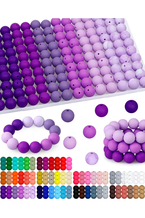 Silicone Beads 160PCS, 15mm Mixed Color Round Rubber Beads Bulk, for Keychain Making, DIY Craft Supplies, Bracelets, Necklaces, Pens, Purple Series