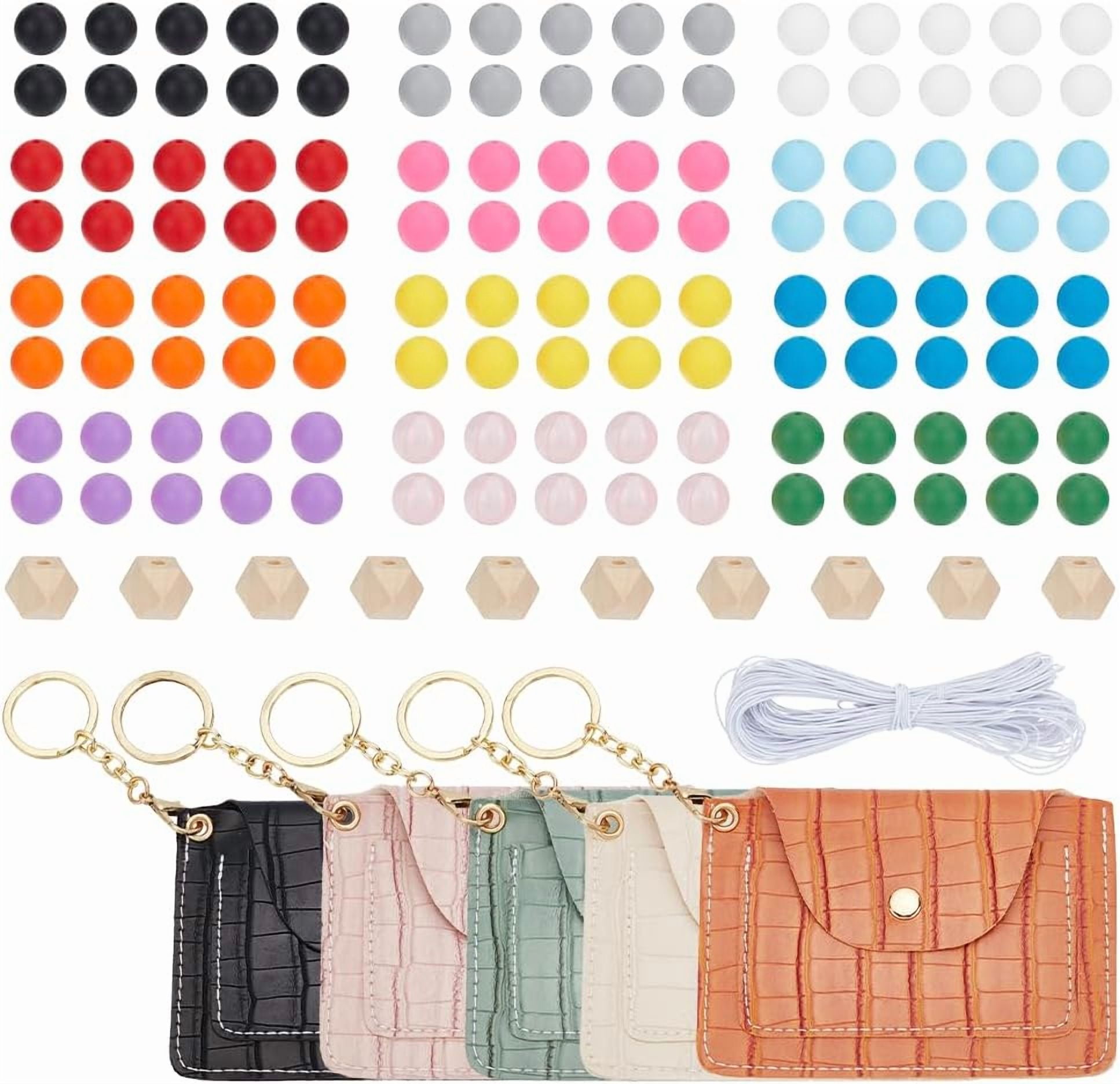 Silicone Beads for Keychain Making Kit 130pcs 13 Colors Beads with 5 PU Leather Card Holders 15/16mm Rubber Beads Set for Handicraft Rubber Keychain Bracelet Lanyard Making Mixed Color 2 Colorful DIY