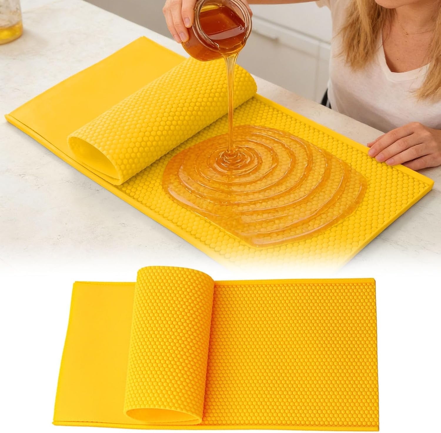 Silicone Beeswax Foundation Press Mold with Honey Scraper, 2 Sheets Non-Stick Reusable for Beekeeping and Candle Making Supplies (2pcs-yellow)