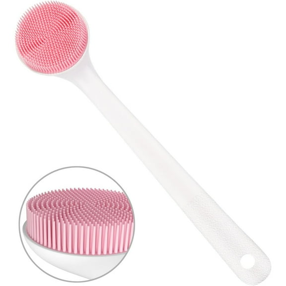 Silicone Body Scrubber Exfoliator,14.6x3.2In Durable Bath Scrubber with Long Handle,Back Exfoliator Brush for Bathroom,School(Pink)