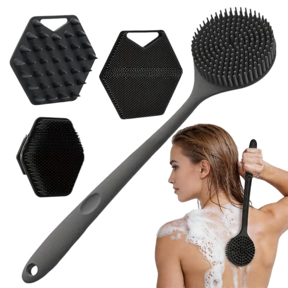 Silicone Body Scrubber Set, 4 Pcs Exfoliating Bath Brush Set with Long Handle Back Scrubber, Facial Cleansing Brush and Shower Body Brush for Bath and Shower,Hexagon