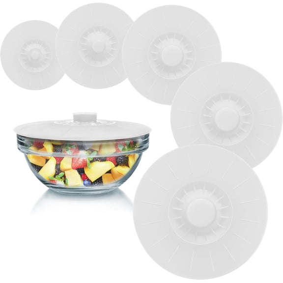 Silicone Bowl Lids White, Set of 5 Reusable Suction Seal Covers for Bowls, Pots, Cups. Food Safe. Natural grip, interlocking handles for easy use and storage.