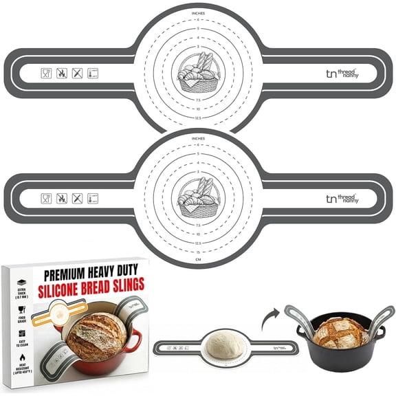 ThreadNanny Silicone Bread Sling for Dutch Oven, 2 Pcs Round Nonstick Reusable Baking Mat — 480°F Heat Resistant Sourdough Sling, Pan Liner & Bread Baking Supplies (Grey)