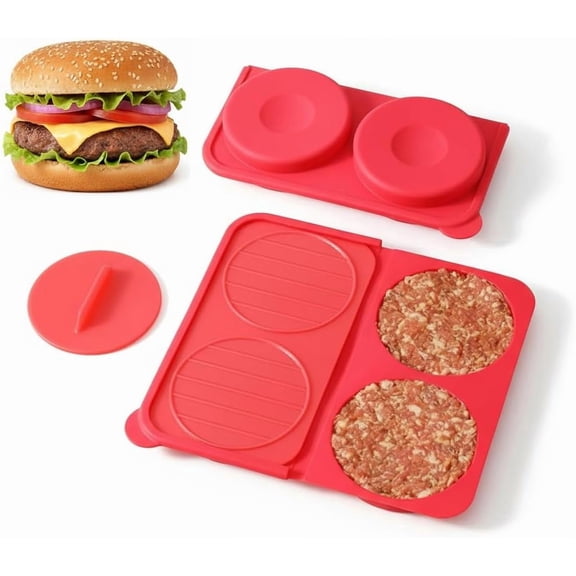 Silicone Burger Press for 4.5" 1/4-1/3 lb Patties - 4 in 1 Hamburger Press Patty Maker for Kitchen BBQ, Non-Stick Burger Patty Mold for Beef Veggie, Dishwasher Safe & Freezer Storage (Red)