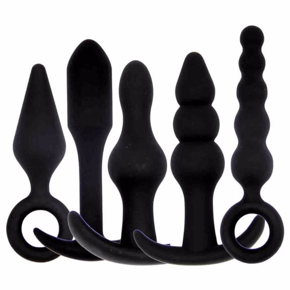 Silicone Butt Plug Anal Beads Black Flexible Play Handle Sex Toy 5-Piece Set