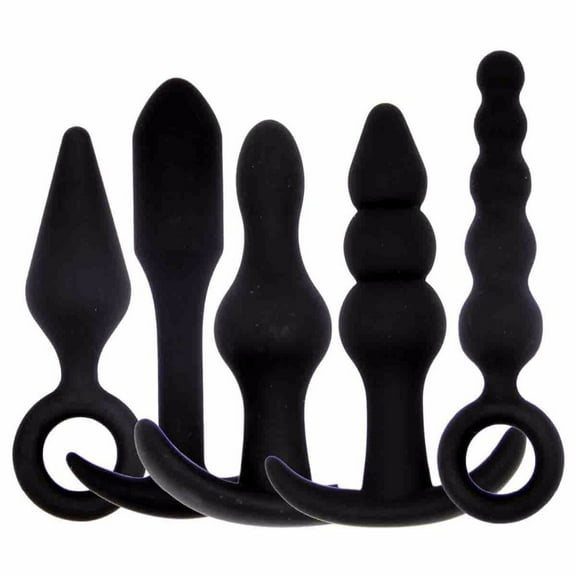 Silicone Butt Plug Anal Beads Black Flexible Play Handle Sex Toy 5-Piece Set