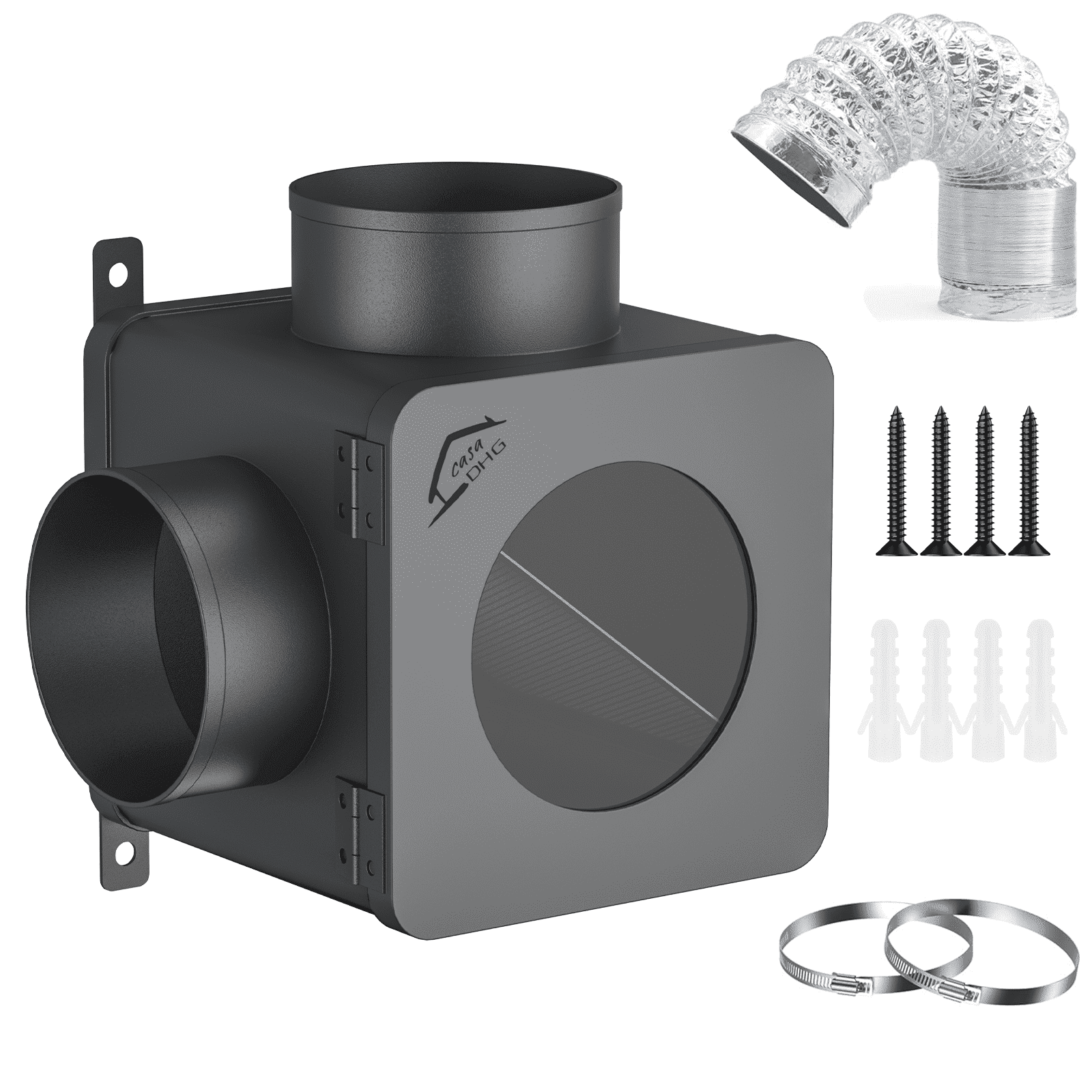 CasaDHG Dryer Lint Trap,90-degree Indoor Dryer Vent Lint Trap with 4inch Dryer Vent Hose,2 Clamps,Lint Catcher for Dryers-Dryer Vent Box (Metal)