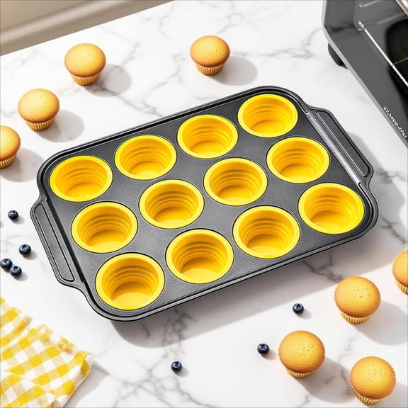 Foldable Silicone Cake Pans for Kitchens - Press-Design Non-Stick Baking Mold, Oven & Dishwasher Safe, 6-Cup & 12-Cup Yellow