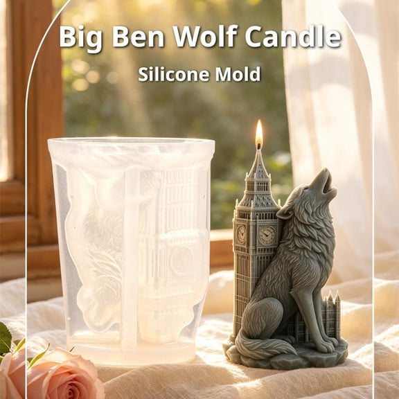 Silicone Candle Mold, 3D Howling Wolf and Clock Tower Design, Wax Resin Soap Mold for DIY Crafts, Detailed Architectural Texture