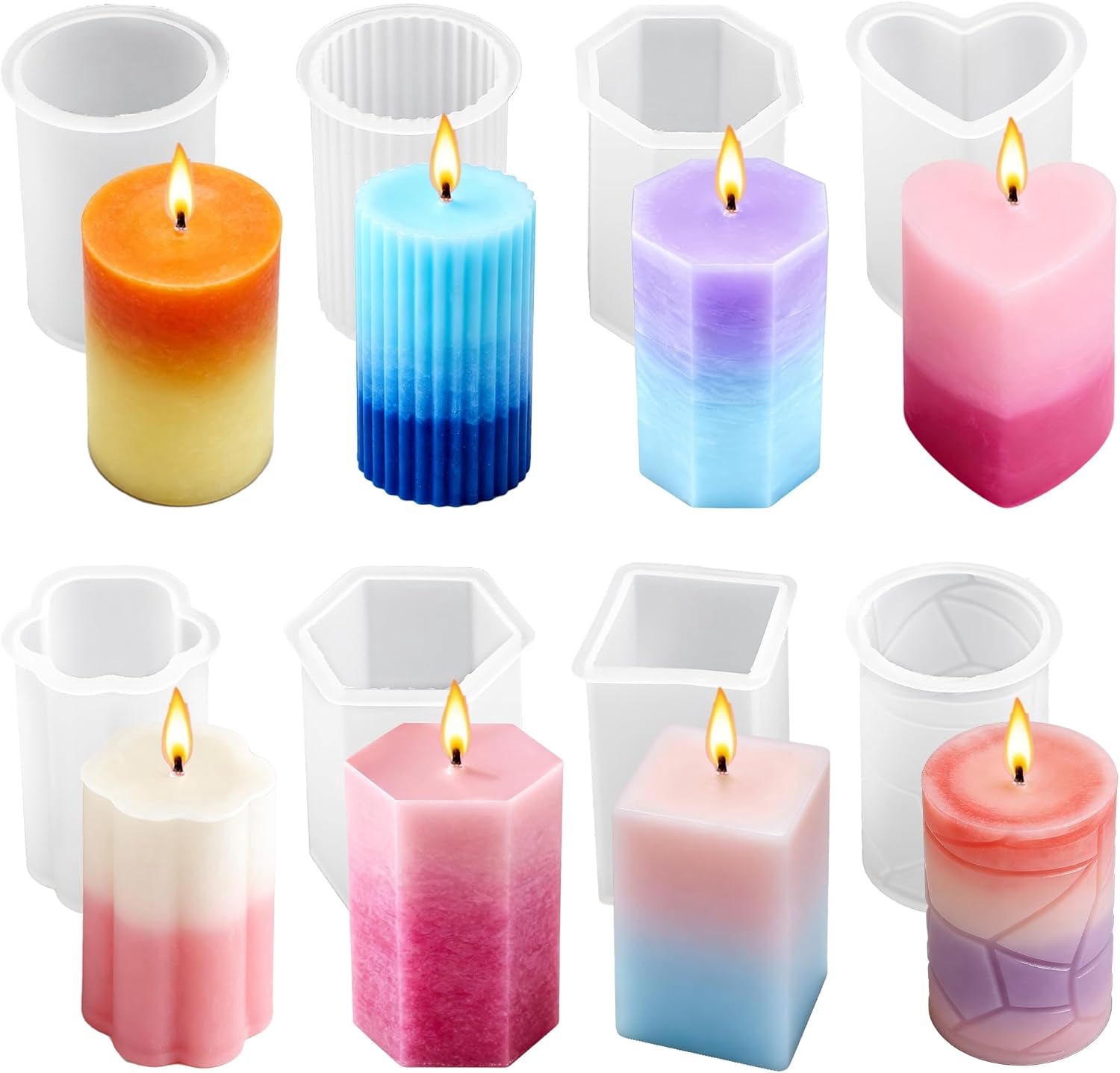 Silicone Candle Molds, Multiple Shape 3D Cylinder Hexagon Heart Flower Cylinder Molds for Candle Making, Reusable Easy Release Silicone Molds for DIY Handmade Aromatherapy Candles, Soap, Resin Crafts