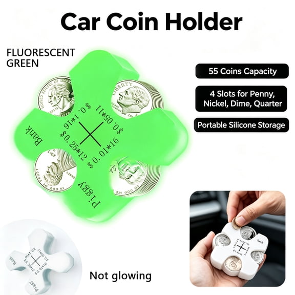 Silicone Car Coin Organizer Holder, Portable 55-Capacity Change Dispenser Storage Case, Fits Penny Nickel Dime Quarter for Car Purse Wallet, Luminous Green