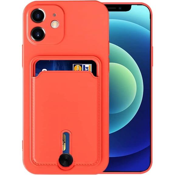 Silicone Card Case Compatible with iPhone 12 6.1inch, Shock-Absorbing Protective Case with Card Holder, [Easy to Take Out] Soft Slim Wallet Case Compatible with iPhone 12 (2020 Release)-Orange Red