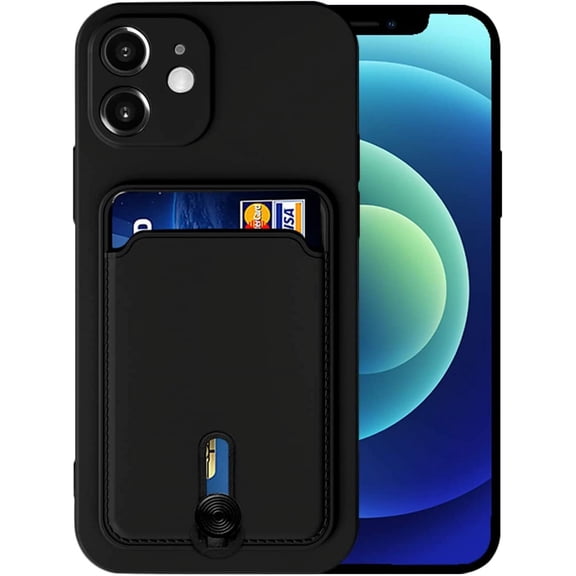Silicone Card Case Compatible with iPhone 12 6.1inch, Shock-Absorbing Protective Case with Card Holder, [Easy to Take Out] Soft Slim Wallet Case Compatible with iPhone 12 (2020 Release)-Black