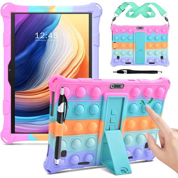 Silicone Case Compatible with Dragon Touch Notepad K10, 10 inch Universal Tablet Case, Multi-Angle Protective Cover for ZONKO K105 10 inch, Winsing 10 with Strap & Stylus Pen, Rainbow