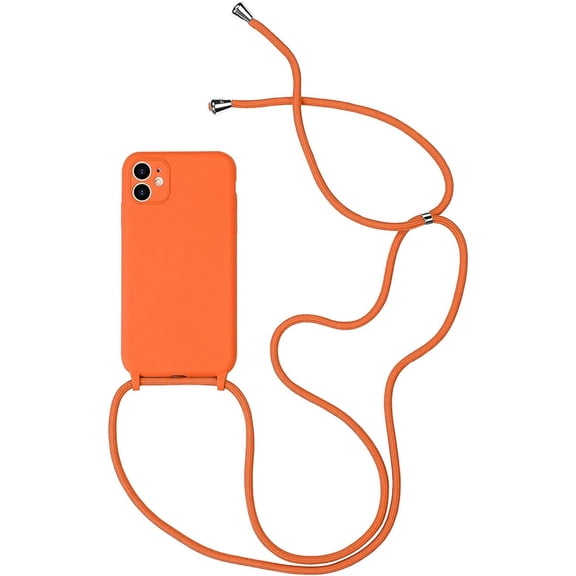 Silicone Case Compatible with iPhone 12, Adjustable Crossbody Necklace, Lanyard Neck Strap Protective Case Cover (Orange, iPhone 12)