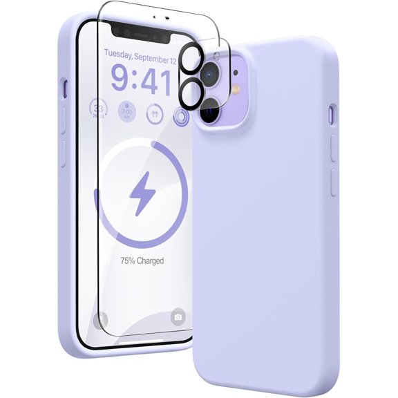 Silicone Case Designed for Apple iPhone 11 Liquid Silicone Case, 3 in 1 Bundle Phone Case with Clear Tempered Glass and Camera Lens Shockproof Case for Apple iPhone 11,Purple