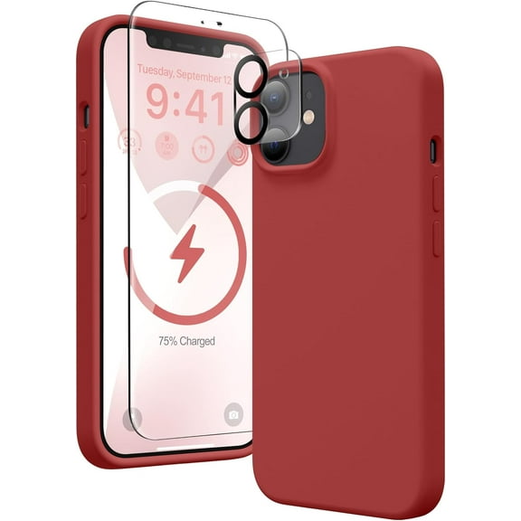 Silicone Case Designed for Apple iPhone 12 Mini Liquid Silicone Case, 3 in 1 Bundle Phone Case with Clear Tempered Glass and Camera Lens Shockproof Case for Apple iPhone 12 Mini,Red