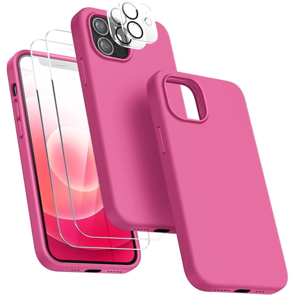 Silicone Case Designed for Apple iPhone 12 Mini Liquid Silicone Case, 5 in 1 Bundle Phone Case with 2 Clear Tempered Glass and 2 Camera Lens Shockproof Case for Apple iPhone 12 Mini,Hot Pink