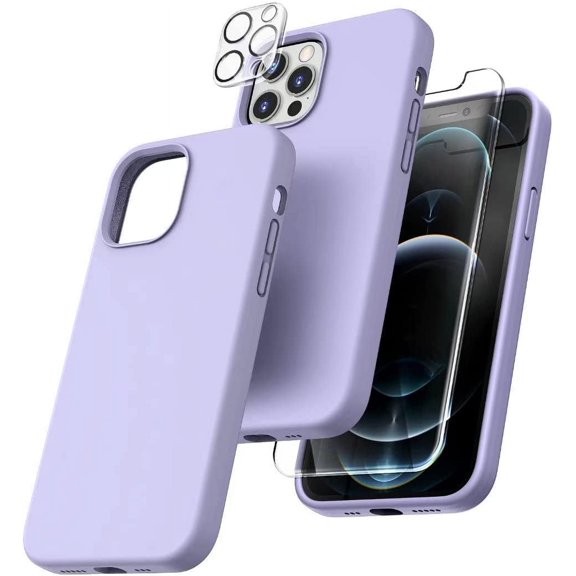 Silicone Case Designed for Apple iPhone 13 Pro Max Liquid Silicone Case, 3 in 1 Bundle Phone Case with Clear Tempered Glass and Camera Lens Shockproof Case for Apple iPhone 13 Pro Max,Purple