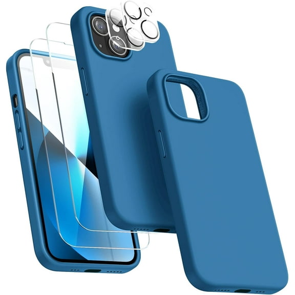 Silicone Case Designed for Apple iPhone 15 Liquid Silicone Case, 5 in 1 Bundle Phone Case with 2 Clear Tempered Glass and 2 Camera Lens Shockproof Case for Apple iPhone 15,Aqua Blue