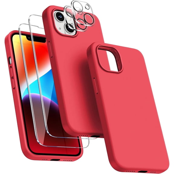 Silicone Case Designed for Apple iPhone 15 Plus Liquid Silicone Case, 5 in 1 Bundle Phone Case with 2 Clear Tempered Glass and 2 Camera Lens Shockproof Case for Apple iPhone 15 Plus,Red