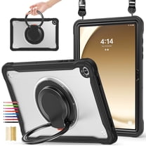 Silicone Case for Samsung Galaxy Tab A11 11.0" 2025 SM-X133 / SM-X135, Heavy Duty 360° Ring Stand with Shoulder Strap Pen Holder Translucent Hard PC Back Case Cover, Clear Black