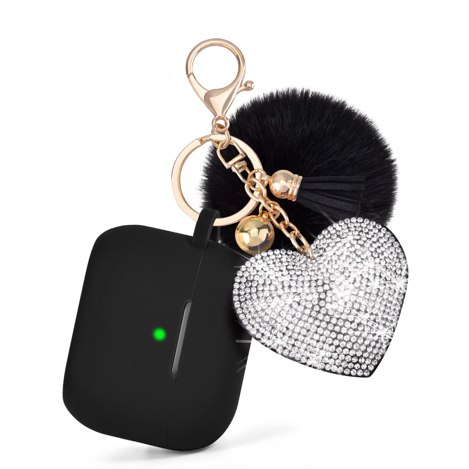 Silicone Case for AirPod Pro 2 with Bling Heart & Fur Pom Pom Keychain 