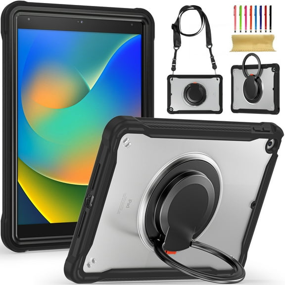 Silicone Case for iPad 9th Gen 2021/8th Gen 2020/7th Gen 2019, Heavy Duty 360° Ring Stand with Shoulder Strap Pen Holder Translucent Hard PC Back Case Cover for iPad 10.2 Inch, Black