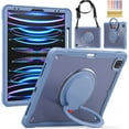 thumbnail image 1 of Silicone Case for iPad Pro 11 2022/2021/2020/2018, Heavy Duty 360° Ring Stand with Shoulder Strap Pen Holder Translucent Hard PC Back Case Cover for iPad Air 4/Air 5, Purple, 1 of 1