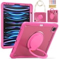 thumbnail image 1 of Silicone Case for iPad Pro 11" 2024 M4 5th Geneartion (A2836, A2837, A3006), Heavy Duty 360° Ring Stand with Shoulder Strap Pen Holder Translucent Hard PC Back Case Cover, Rose, 1 of 1