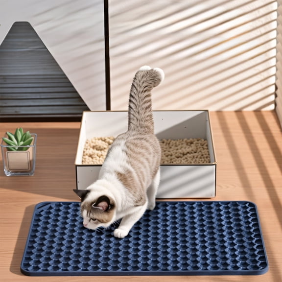 Silicone Cat Litter Mat 15x9 In, Washable Waterproof Litter Trapping Mat with Raised Dots Non-Slip Easy Clean Pet Litter Rug for Litter Boxes, Blue