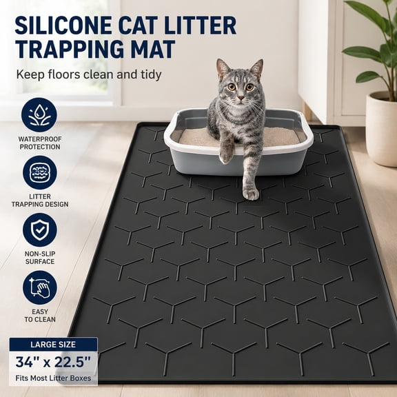 Silicone Cat Litter Mat Large Waterproof 34" x 22" Non-Slip Cat Litter Box Mat Easy to Clean Blue