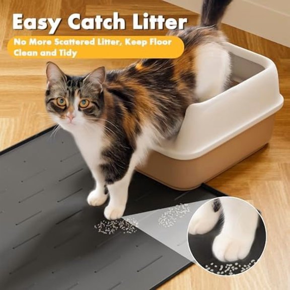 Silicone Cat Litter Trapping Mat, 34''x22'' Large Cat Litter Mat, Easy to Clean & Soft on Kitty Paws, Waterproof Kitty Litter Pads for Indoor Cats, Dark Grey