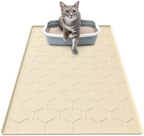 Silicone Cat Litter Trapping Mat, Large Waterproof 34" X 22" Cat Litter Box Mat, Easy to Clean, Beige