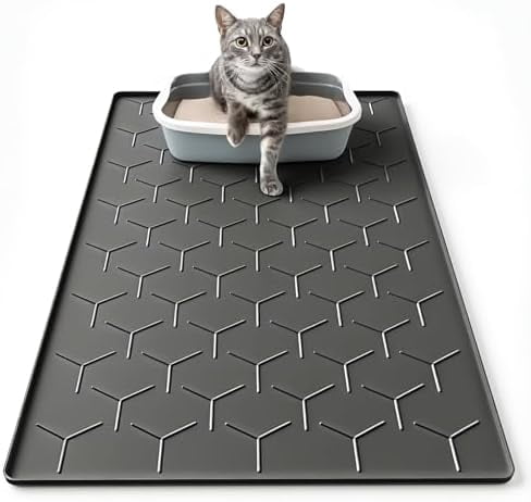 Silicone Cat Litter Trapping Mat, Large Waterproof 34" X 22" Cat Litter Box Mat, Easy to Clean, Black