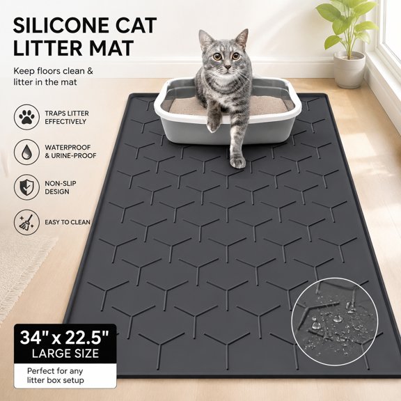 Silicone Cat Litter Trapping Mat Large Waterproof 34" x 22" Easy to Clean Non-Slip Cat Litter Box Rug Pink