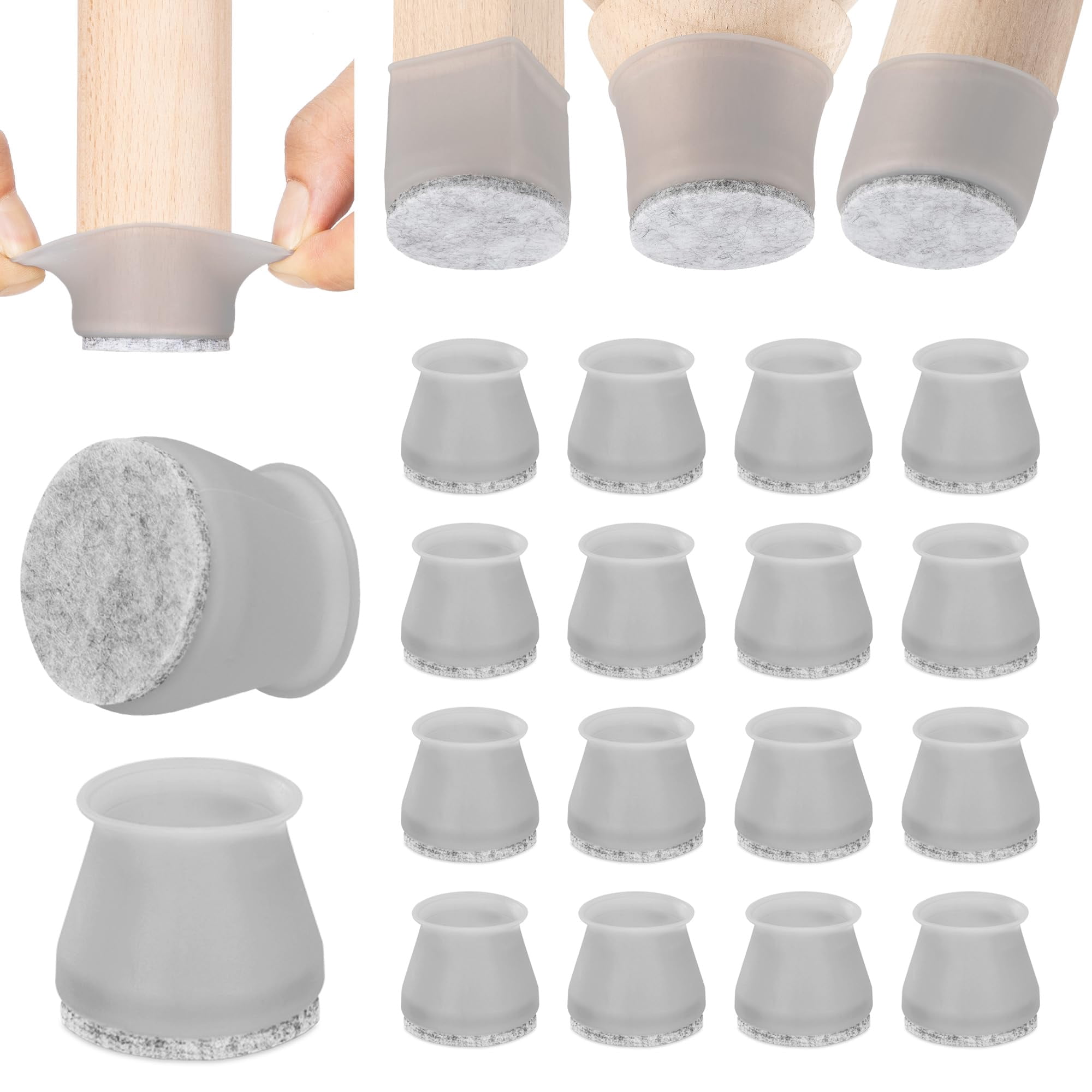 Silicone Chair Leg Floor Protectors, Felt Furniture Pads for Hardwood and Tile Floors, Rubber Chair Covers, Set of 16 Clear Pads