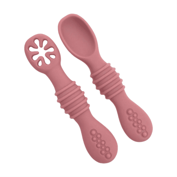 Silicone Chew Spoon Set,2 Pack Self Feeding Soft Spoons,Gum Friendly Feeding Spoon First Stage,Led Weaning Feeding Supplies,BPA Free,Non Toxic Feeding Utensils for Training(4.3x1")(Brick Red)