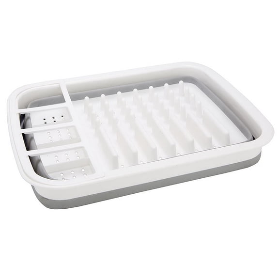 Silicone Clear & Grey Dish Drying Rack with 4 Silverware Slots Compact Size | Collapsible Space-Saving Design Fits in CabinetExcluding tableware 