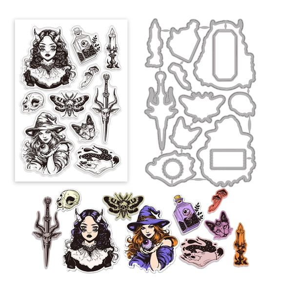 Silicone Clear Stamps and Cutting Dies for DIY Scrapbooking Magic Bottles Lady Transparent Stamp and Metal Die Cuts for Card Making Photo Album Paper Crafts Decor