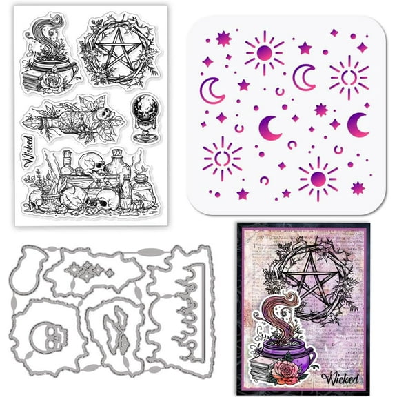 Silicone Clear Stamps Metal Magic Divination Cutting Die Cuts Sun Moon Stars PET Paint Craft Stencils Template for Card Making and DIY Embossing Scrapbooking for DIY