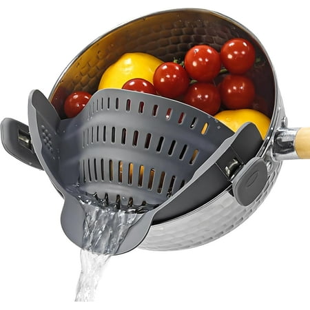 Silicone Clip-On Colander, Heat Resistant Drainer for Vegetables and Pasta Noodles, Kitchen Gadgets for Bowl, Pots, and Pans - Essential Home Cooking Tools - Grey