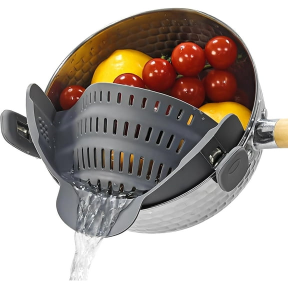 Silicone Clip-On Colander, Heat Resistant Drainer for Vegetables and Pasta Noodles, Kitchen Gadgets for Bowl, Pots, and Pans - Essential Home Cooking Tools - Grey
