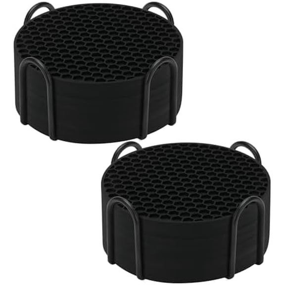 Silicone Coaster Set of 16 with Holder - Anti-Slip, Non-Stick, Anti-Overflow Tabletop Protection and Decor (Black, 16 Pcs)