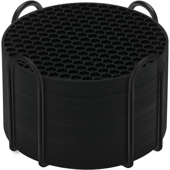 Silicone Coasters Set of 12 with Holder,Coasters for Drinks,Beer,Coffee Coasters,Suitable for Kinds Cups,Hot or Cold,Anti-SLI,Non-Stick,Anti-Overflow Tabletop Protection and Decor (12 Pcs, Black)