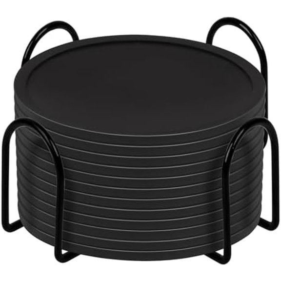 Silicone Coasters Set of 12 with Holder, Drinking Coasters - Cup Mat for Hot or Cold Drinks,Beer,Coffee, Thickened, Non-Slip, Non-Stick, Deep Tray Black