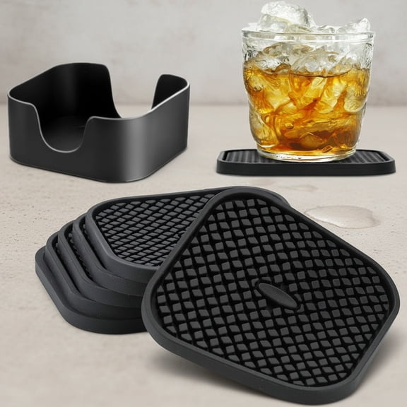 Silicone Coasters Set of 6, Drink Coasters with Holder, Non-Slip Cup Mat, Deep Tray Absorbent Coaster, Heat Resistant Countertop Protection (Black-Square)