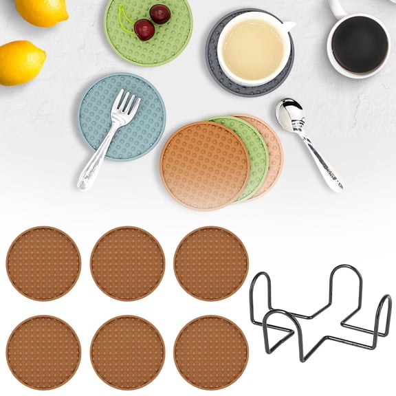 Silicone Coasters Set of 6 with Holder,Coasters for Drinks,Coffee Coasters,Suitable for Kinds Cups,Hot or Cold,Anti-SLI,Non-Stick,Anti-Overflow Tabletop Protection and Decor(6 Pcs,Brown)