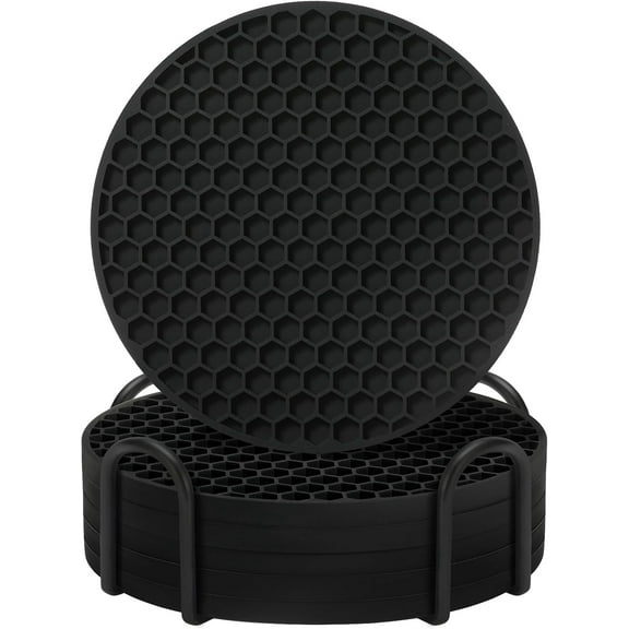 Silicone Coasters Set of 8 with Holder,Coasters for Drinks,Beer,Coffee Coasters,Suitable for Kinds Cups,Hot or Cold,Anti-SLI,Non-Stick,Anti-Overflow Tabletop Protection and Decor (8 Pcs, Black)